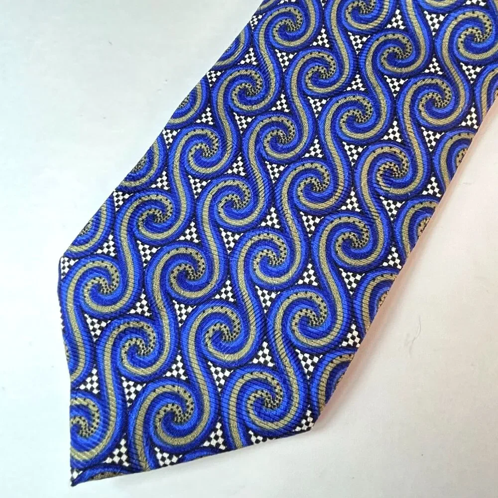 ZanZara Men's Blue Black Mosaic Wave Print 100% Silk Tie